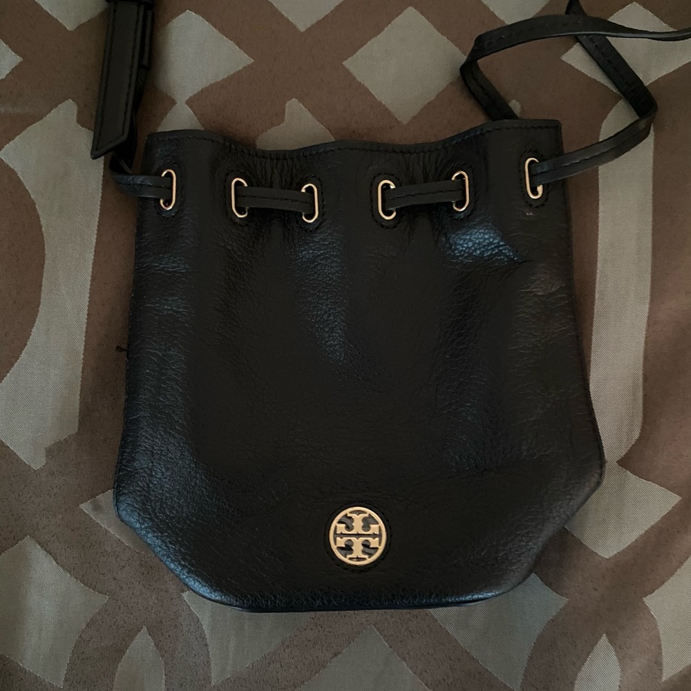 Tory Burch Black Leather Drawstring Crossbody with Gold Hardware